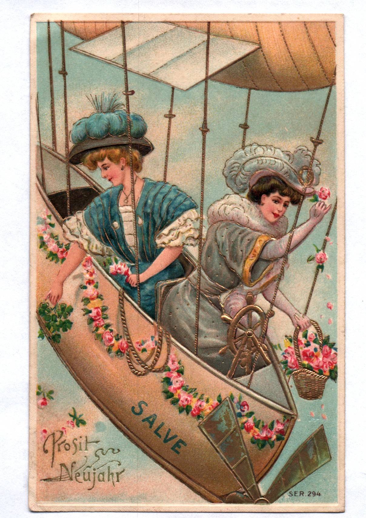 Präge Ak Damen im Zeppelin Salve Neujahr Gruß 1910 gold
