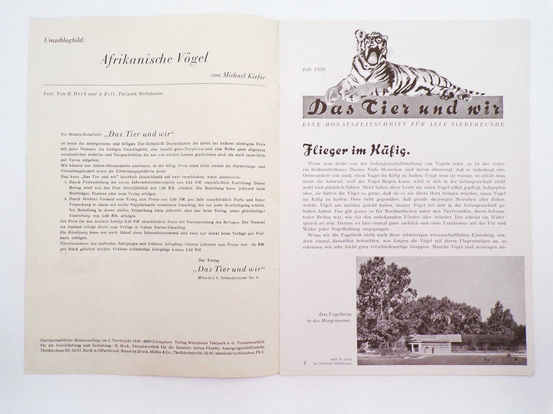 Alte Tierpark Zeitung München Juli 1938 Michael Mathias Kiefer Cover