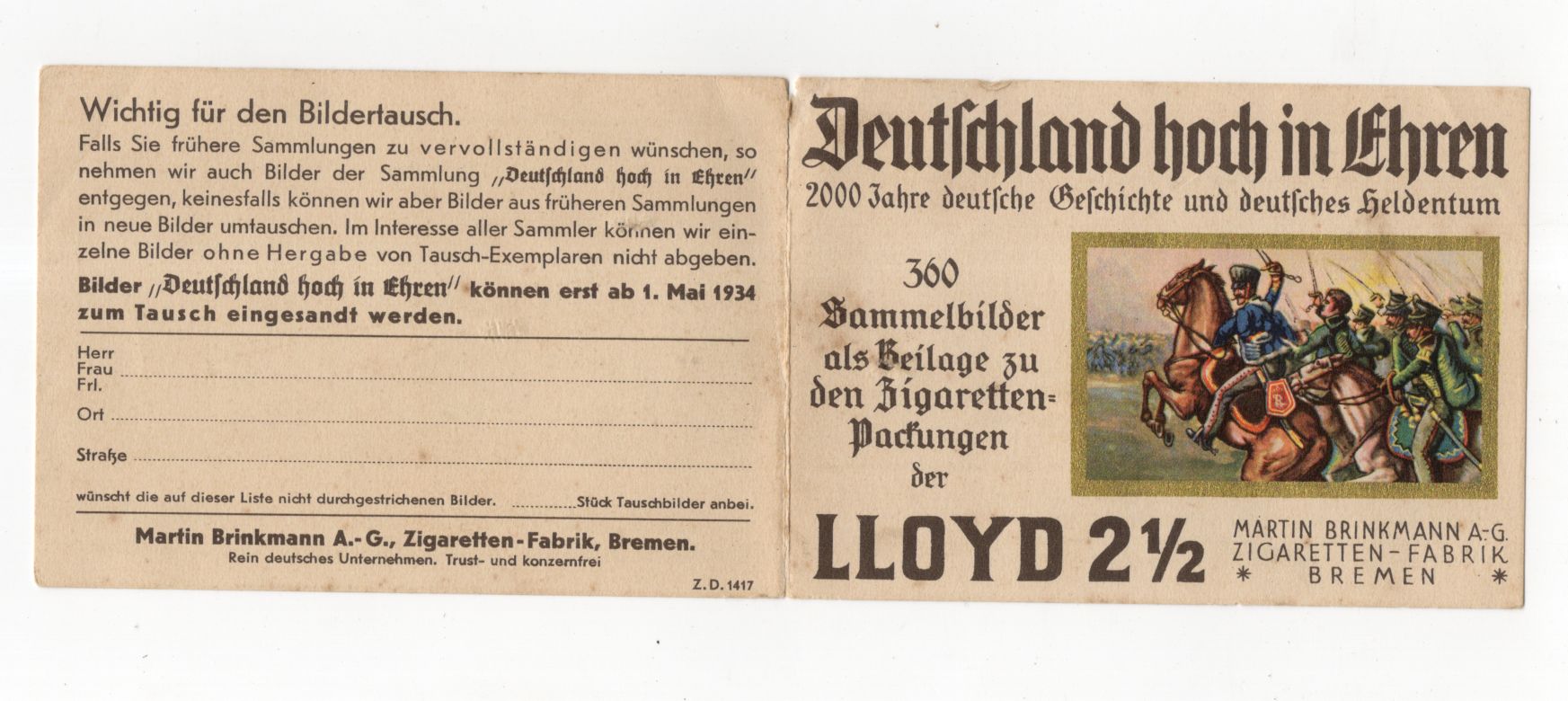 Sammelbilder Tauschkarte Deutschland hoch in Ehren Lloyd Brinkmann Bremen