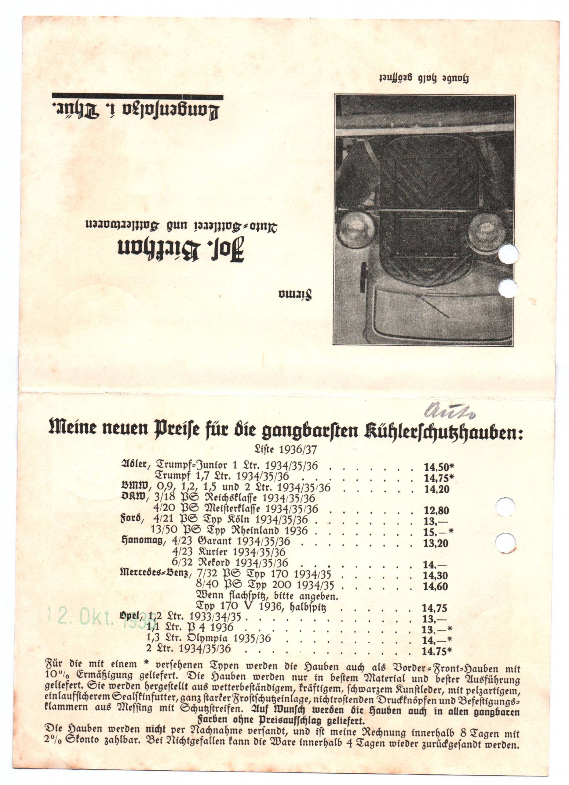 Drucksache 1936 Birkhan Auto Sattlerei Langensalza Thüringen Drucksache 1936 Birkhan Auto Sattlerei Langensalza Thüringen
