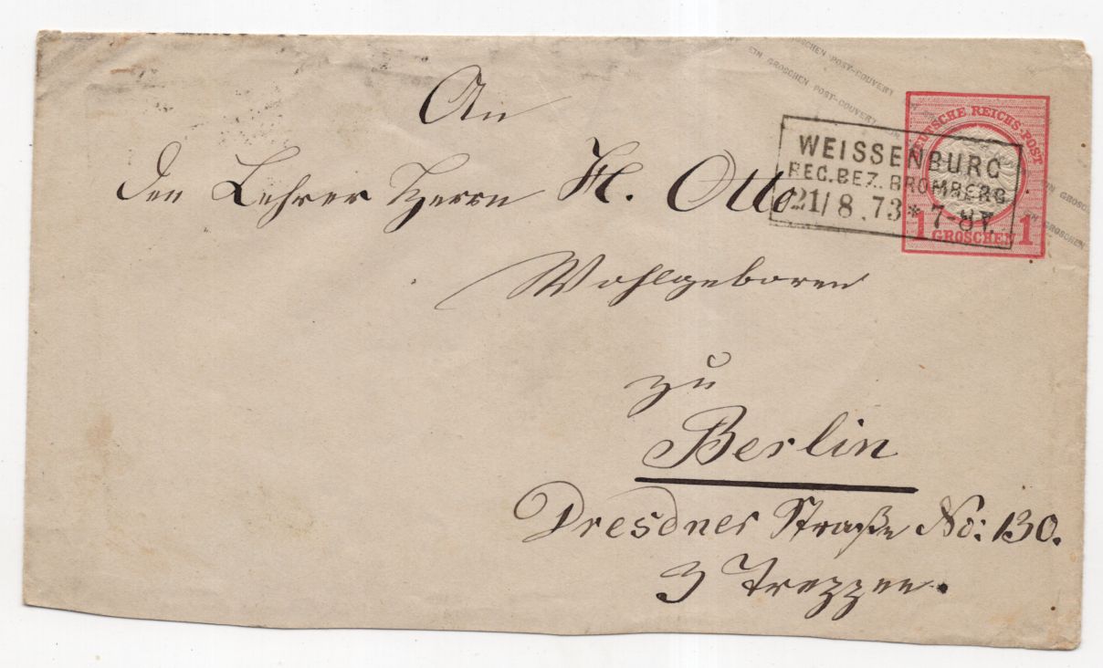 Brief 1873 deutsche Reichspost Weissenburg Regierungsbezirk Bromberg Westpreußen