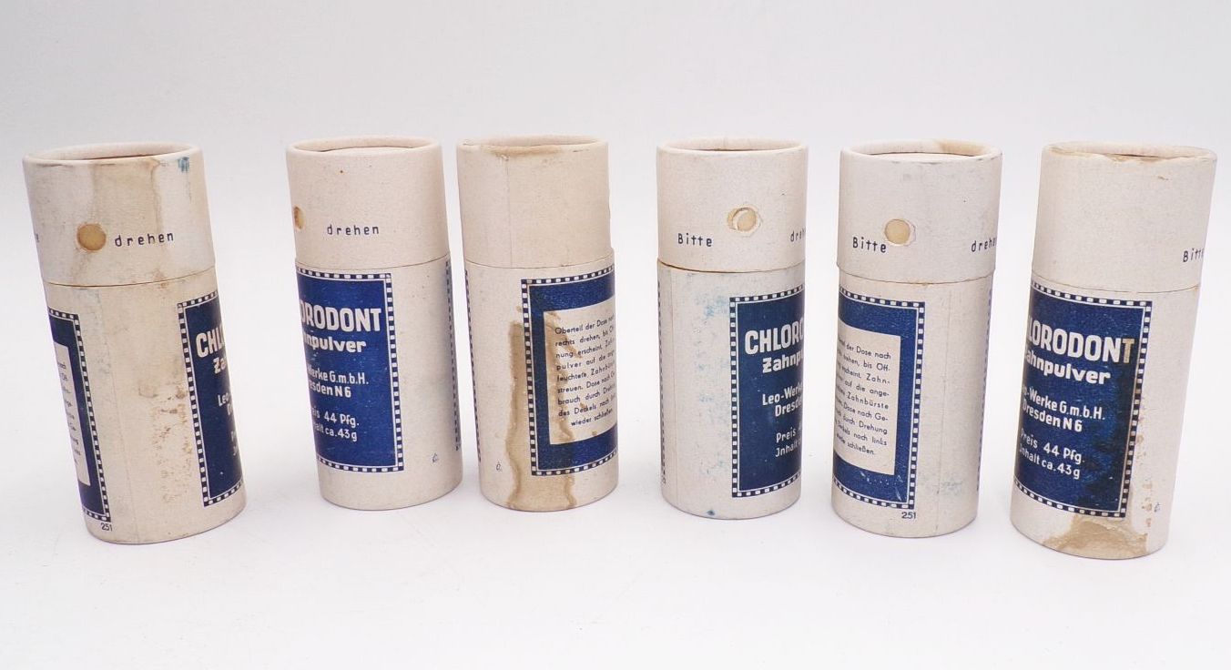 Chlorodont Zahnpulver Leo Werke Dresden N6 Dose mit Inhalt NOS