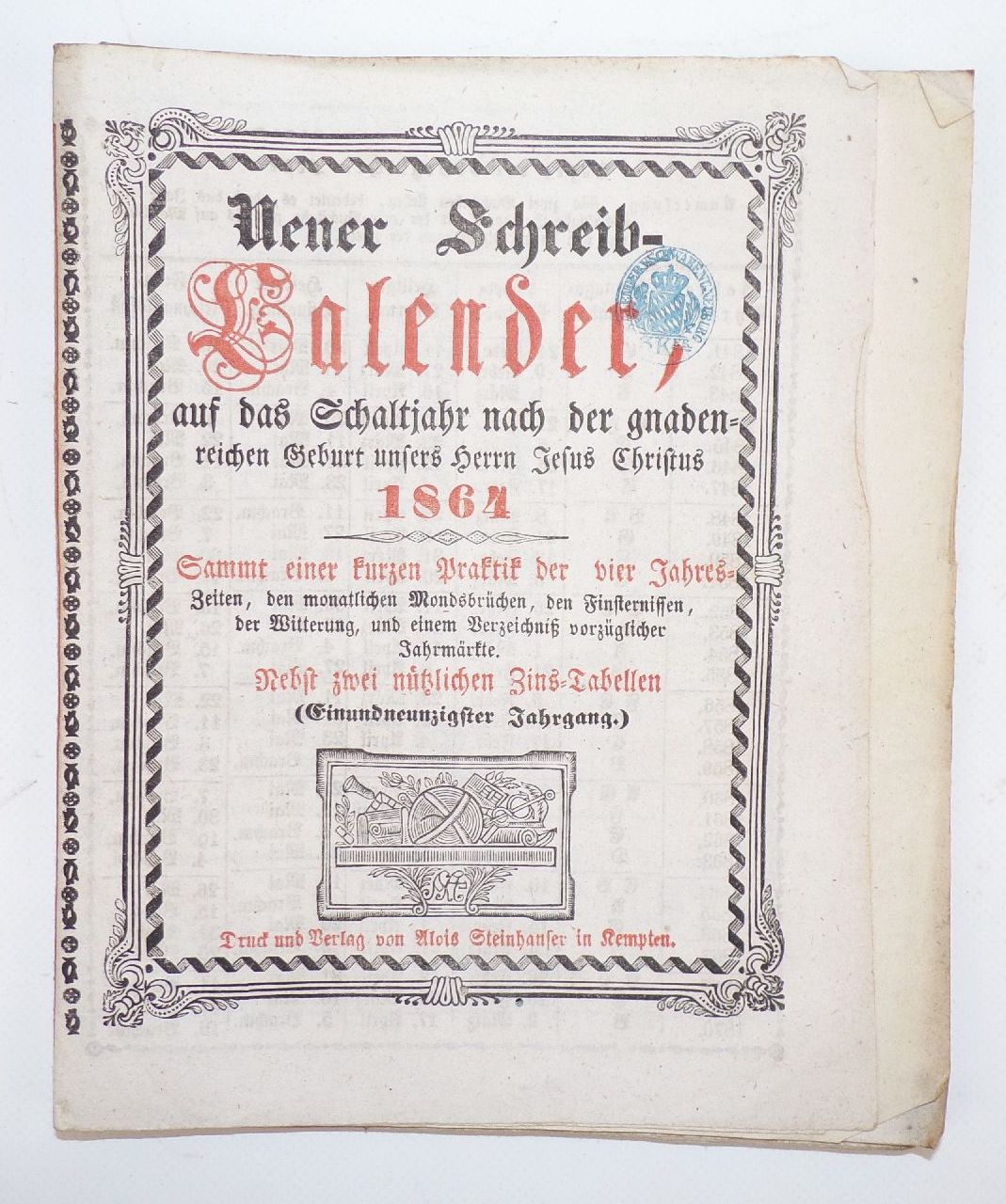 Neuer Schreib Kalender für das Schaltjahr 1864 Steinhauser Kempten Antik