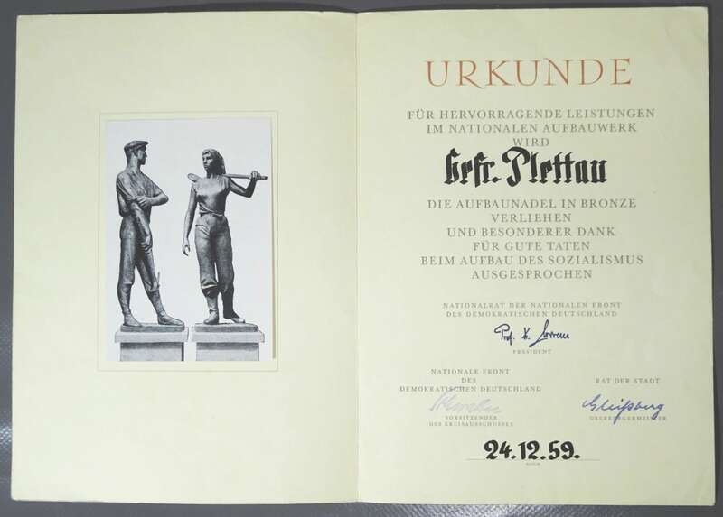 Urkunde Nationales Aufbauwerk Aufbaunadel in Bronze 1959 Görlitz 