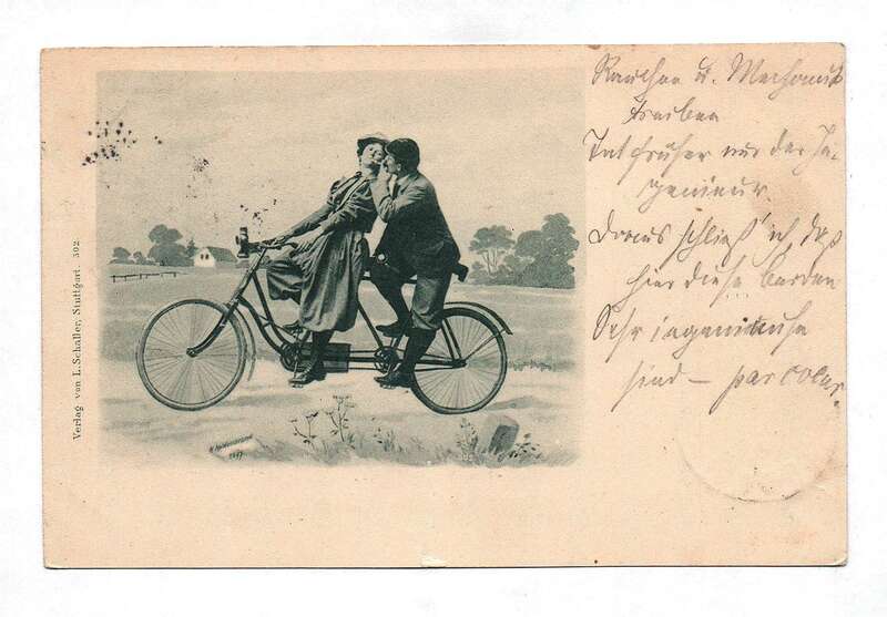 Ak Foto Motivkarte Frau Mann auf Tandem Fahrrad 1898 Münsterberg Schlesien