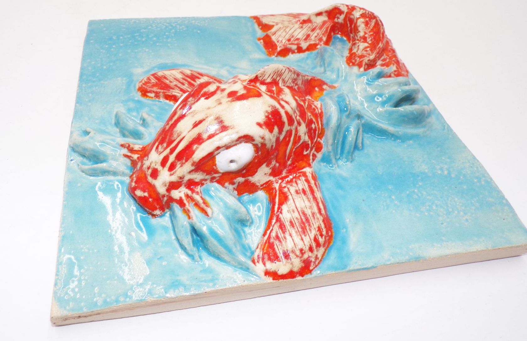 Fliese Koi Fisch plastisches Relief Unikat Handarbeit Deko 
