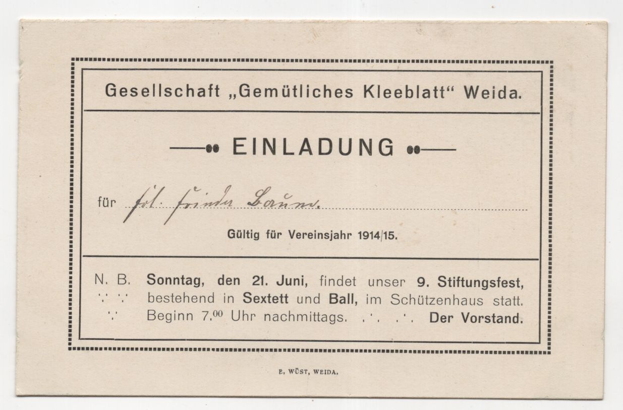 Einladung gemütliches Kleeblatt Weida Thüringen 1915