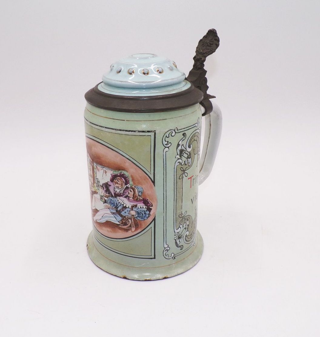 Alter Bierkrug Emaille Rede wenig Trinke viel um 1900 Deko Alter Bierkrug Emaille Rede wenig Trinke viel um 1900 Deko