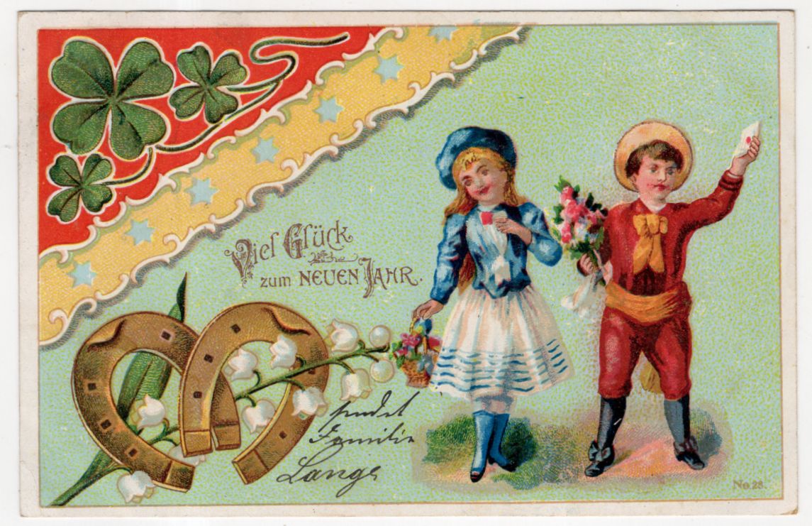 Litho Ak Bube Mädchen mit Hufeisen Glücksklee 