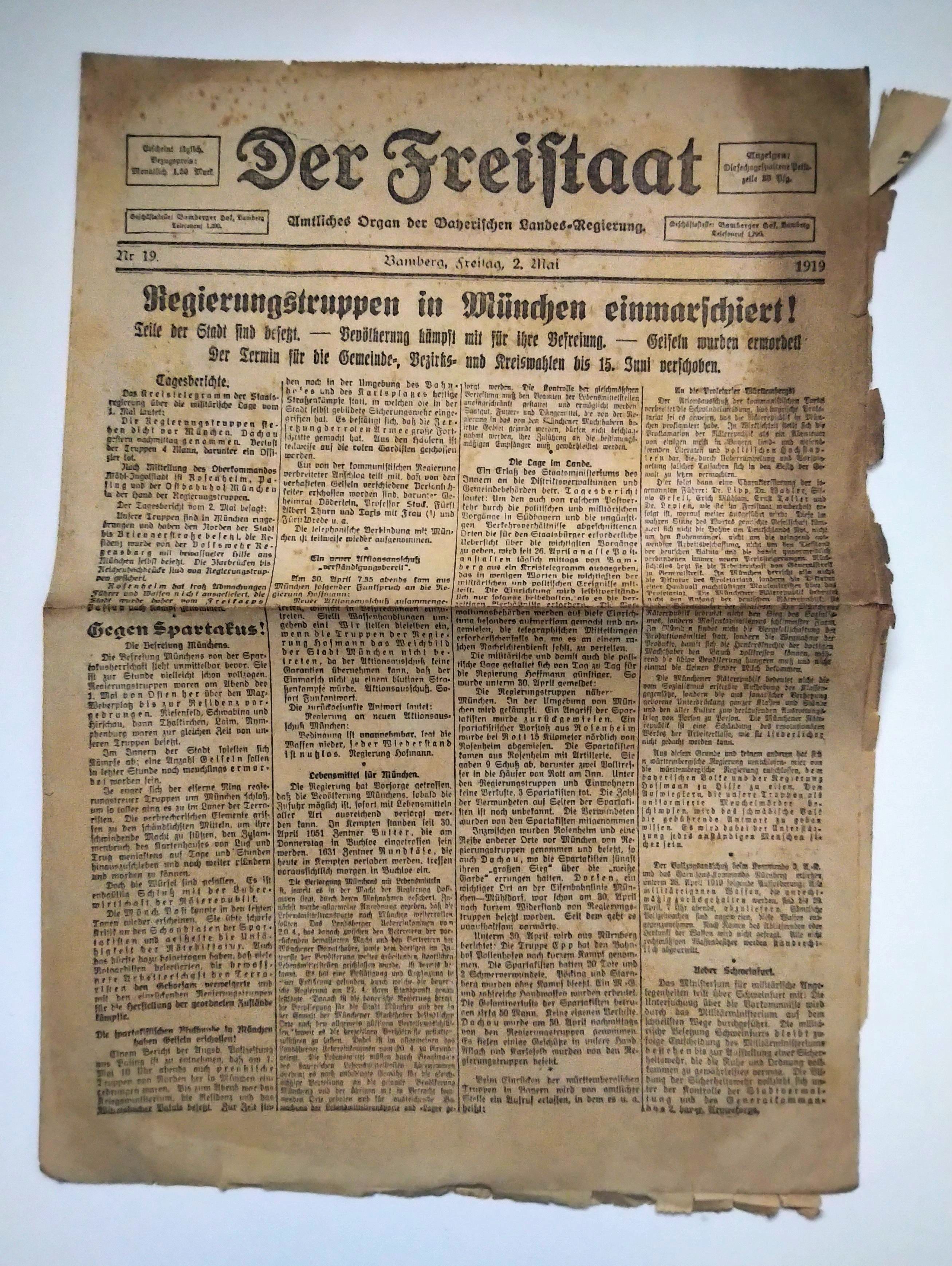 Der Freistaat 1919 Nr 19 Regierungstruppen in München einmarschiert Zeitung