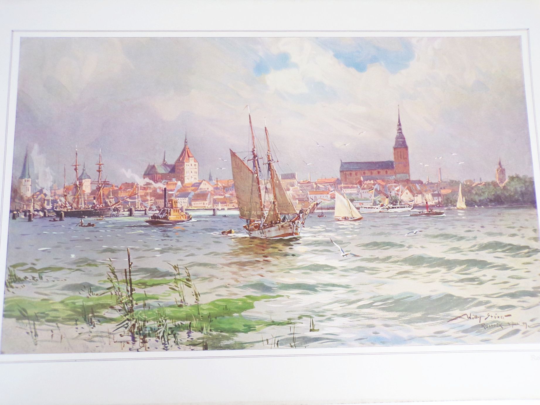 Alter Druck Willy Stöwer Rostock Hafen Farbendruck