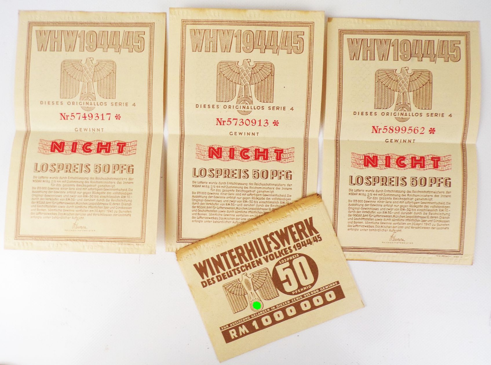 WHW Lotterielos 1944 1945 Winterhilfswerk des deutschen Volkes WHW Lotterielos 1944 1945 Winterhilfswerk des deutschen Volkes