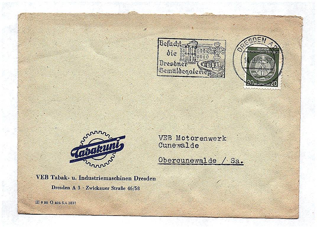 Brief Tabakuni VEB Tabak Industriemaschinen Dresden 1956