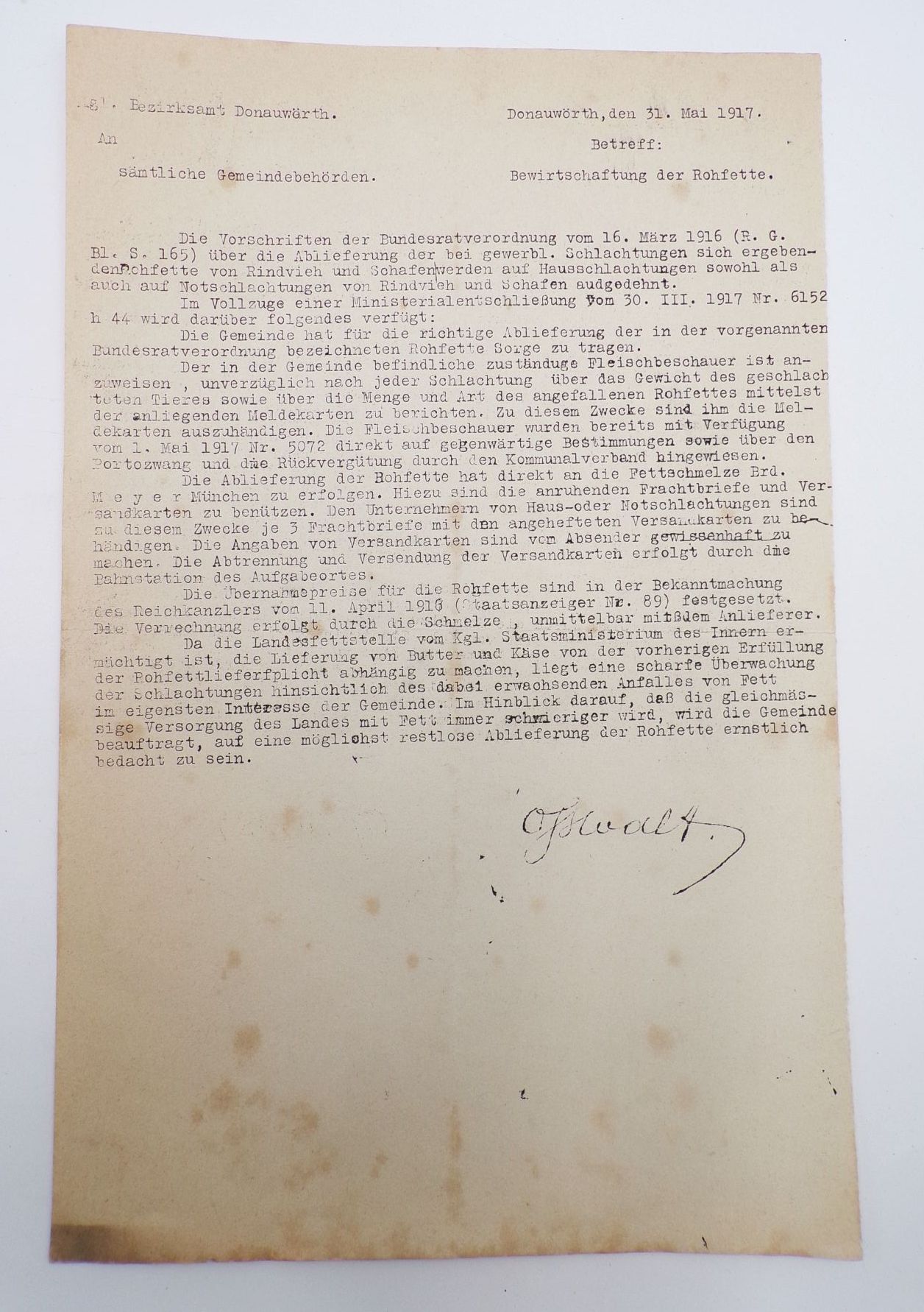Dokumente Rationierung Fette 1917 Donauwörth Landesfettstelle Rohfette