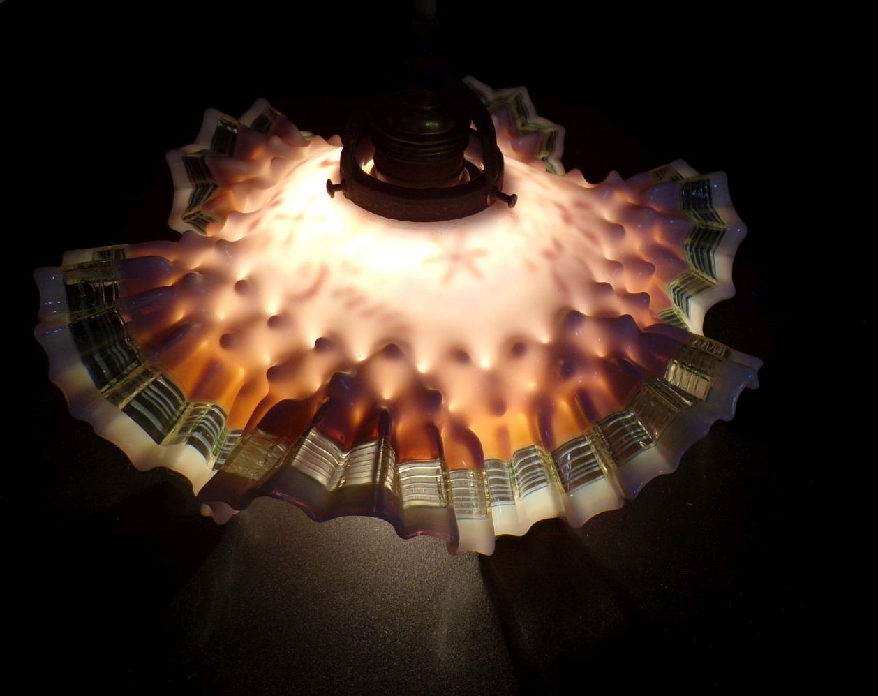 Alte Deckenleuchte Böhmen Glasmalerei um 1900 Rüschenlampe Antik 