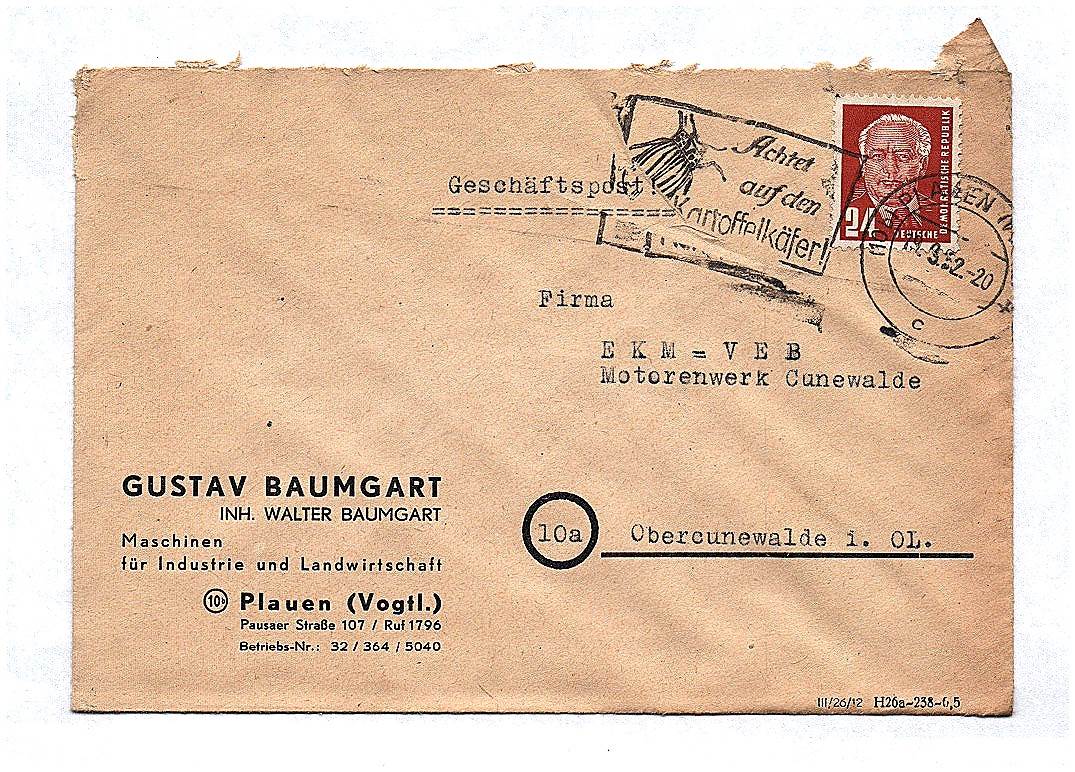 Geschäftspost Maschinen Industrie Landwirtschaft Plauen 1952