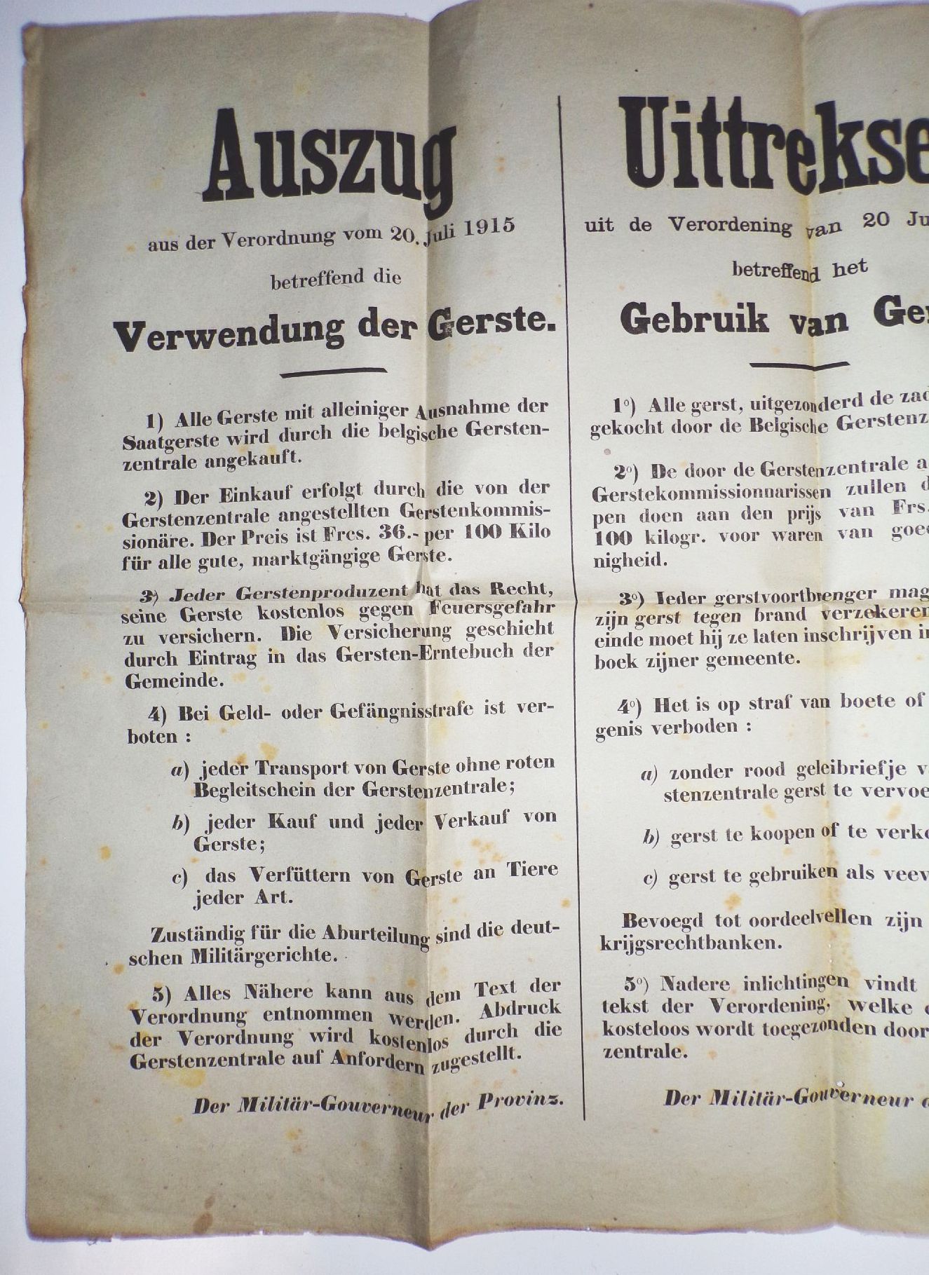 Altes Plakat Verwendung der Gerste Verordnung Aushang Militär Gouverneur 1 Wk