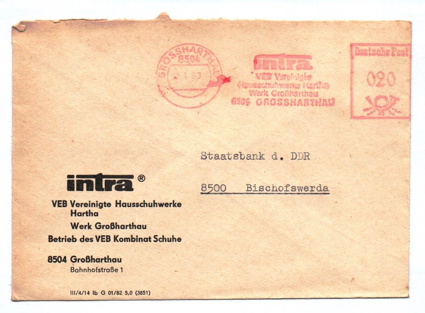 Brief intra VEB Vereinigte Hausschuhwerke Hartha 1963 DDR Brief intra VEB Vereinigte Hausschuhwerke Hartha 1963 DDR