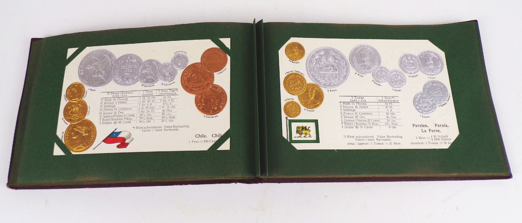 Geldsorten aller Länder Postkartenalbum Geld Münz Ansichtskarten um 1910 Rarität 45 Präge Ansichtskarten
