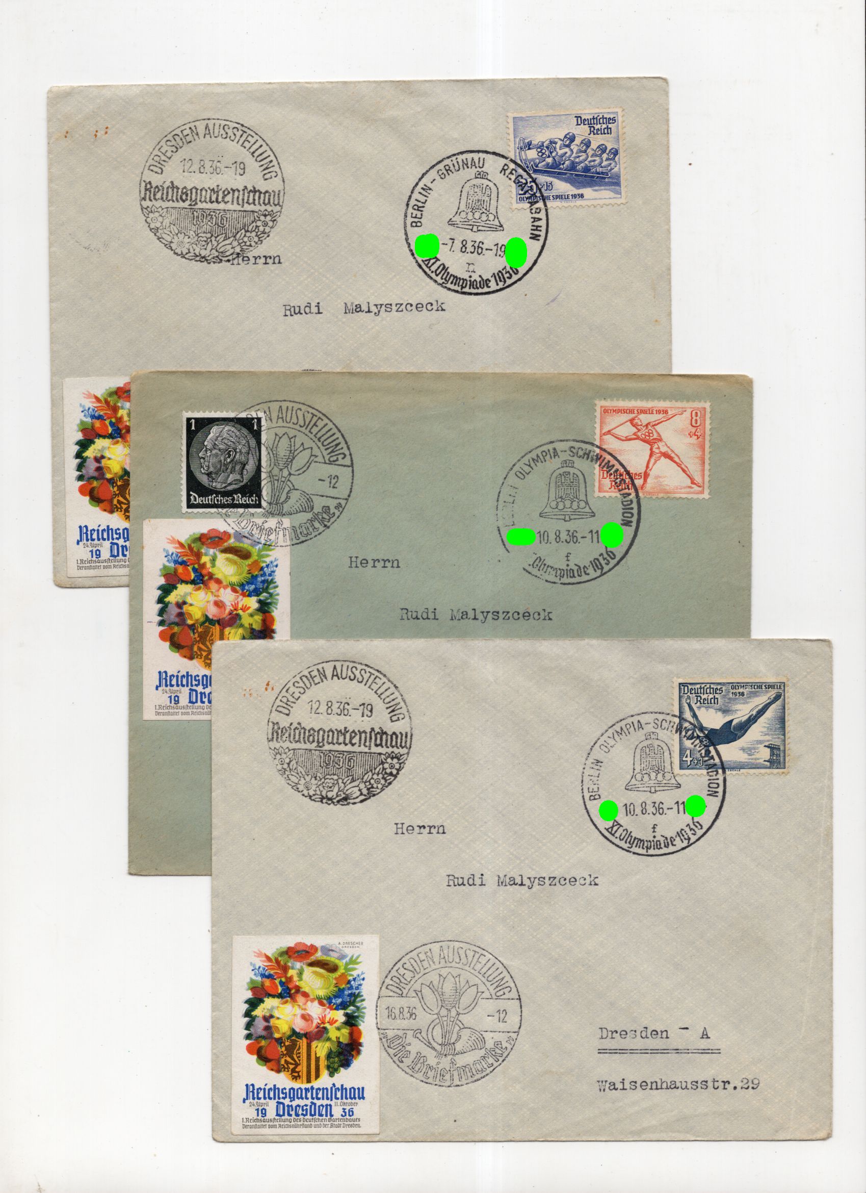 6 x Brief Olympia 1936 Berlin Dresden Reichsgartenschau Vignette 