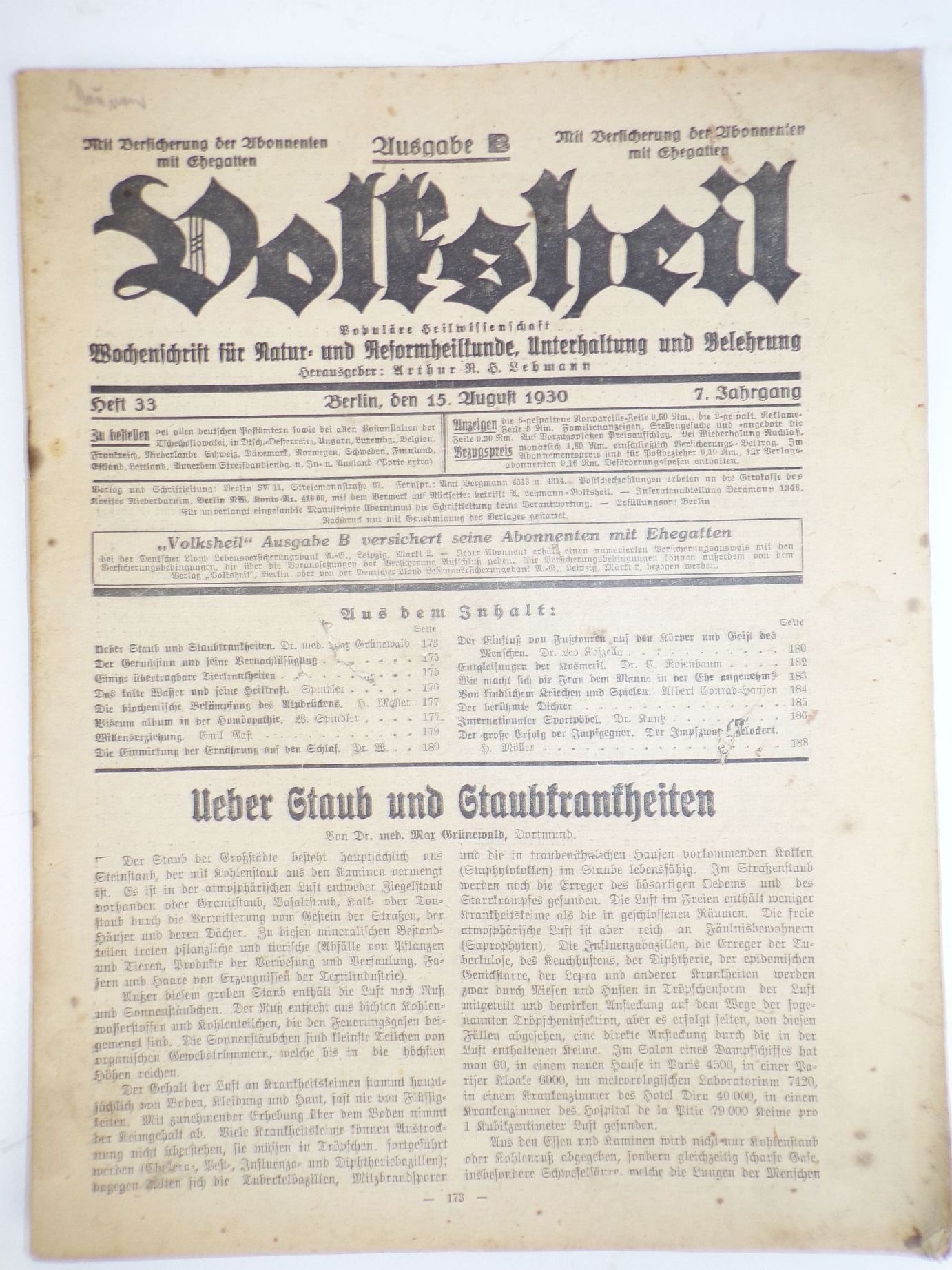 Volksheil 6 Stück Wochenschrift Gesundheit Reform Heilkunde Zeitung Medizin