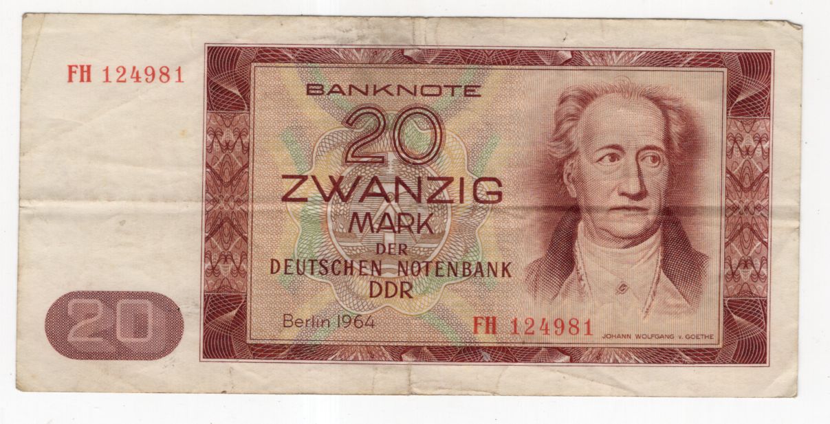 Alter Geldschein 20 Mark deutsche Notenbank DDR FH124981 Berlin 1964