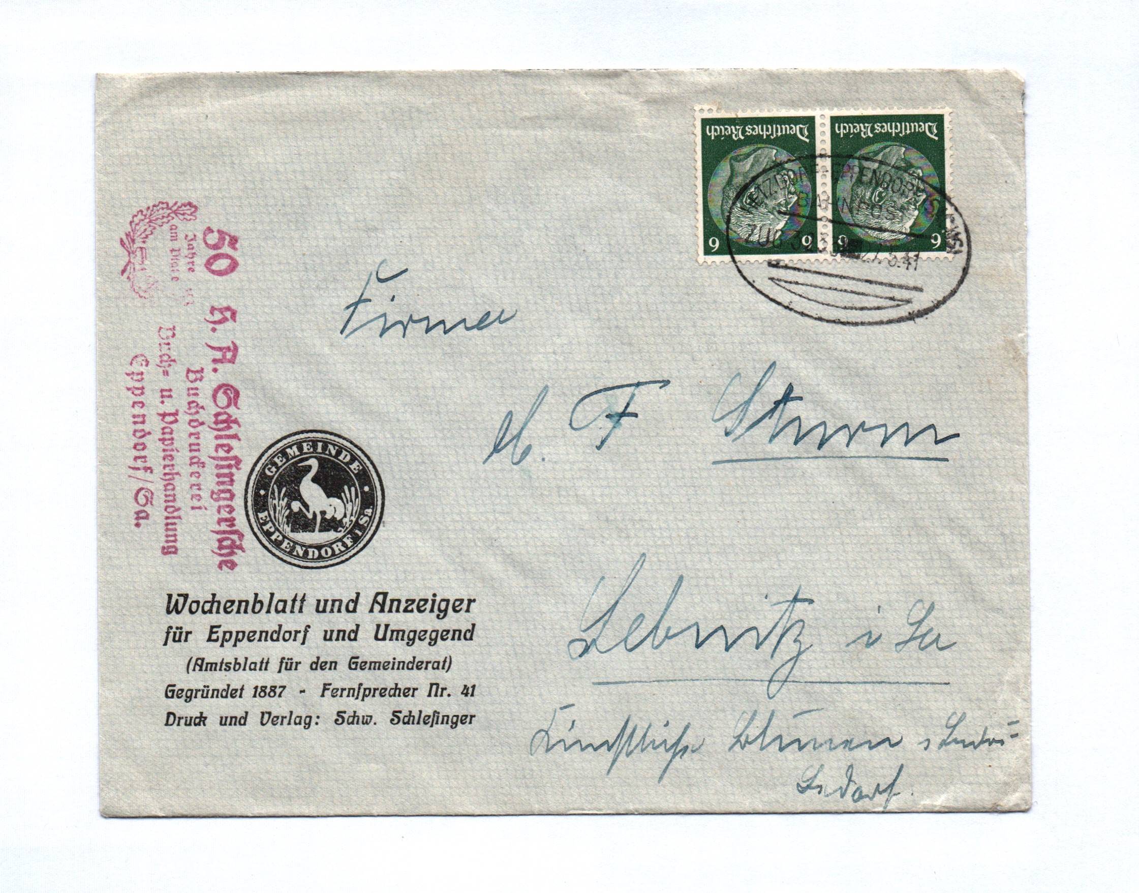 Brief Wochenblatt und Anzeiger Eppendorf 1941 Brief Wochenblatt und Anzeiger Eppendorf 1941