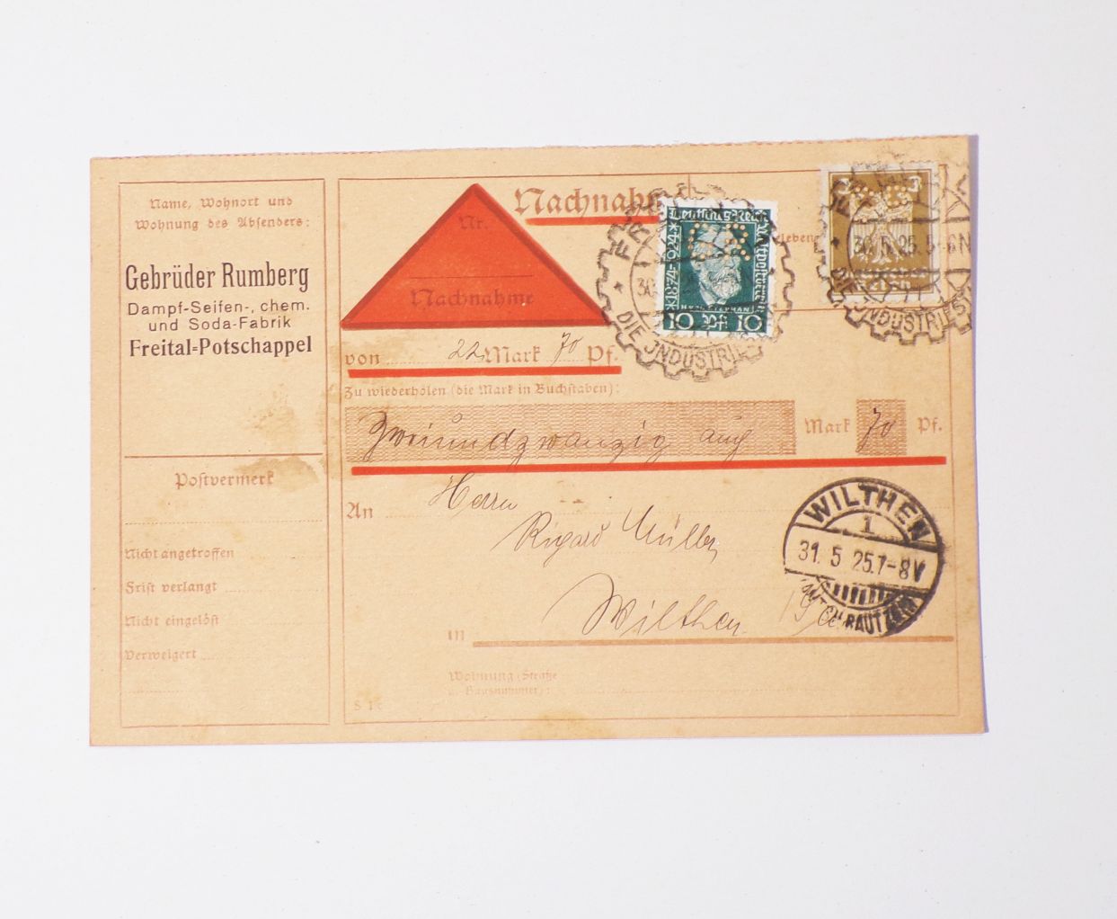 Firmenlochung auf Nachnahme Gebrüder Rumberg Seifen Freital Potschappel 1925