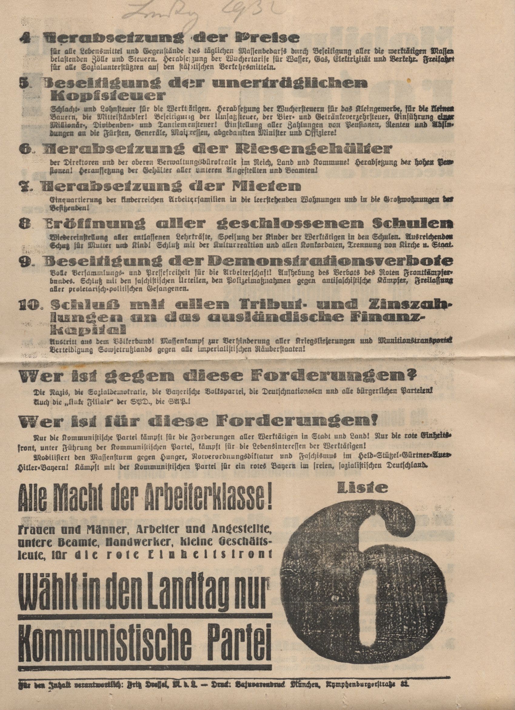 Kommunisten Flugblatt 1932 Landtag KPD 
