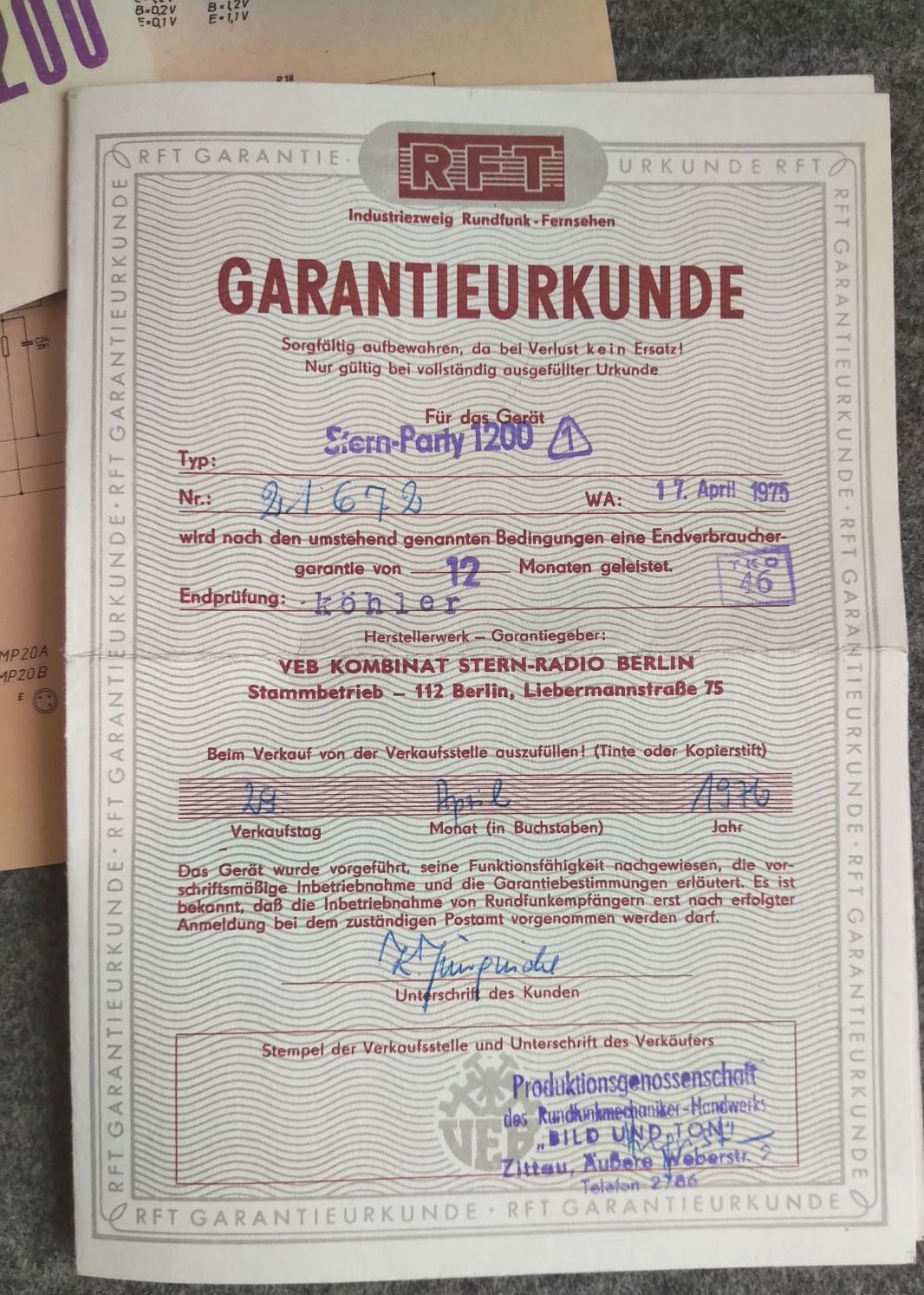 Originale Garantie Urkunde 1975 Stern Party 1200 VEB Kombinat Originale Garantie Urkunde 1975 Stern Party 1200 VEB Kombinat