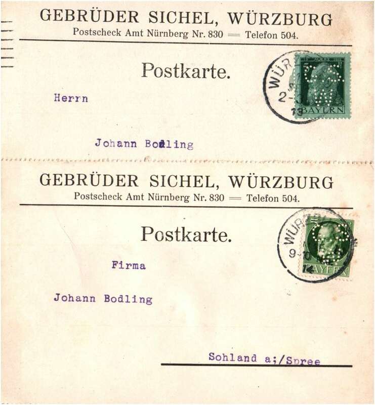 Lot Postkarten Briefe Gebrüder Sichel Würzburg Bayern Firmenlochung 1913