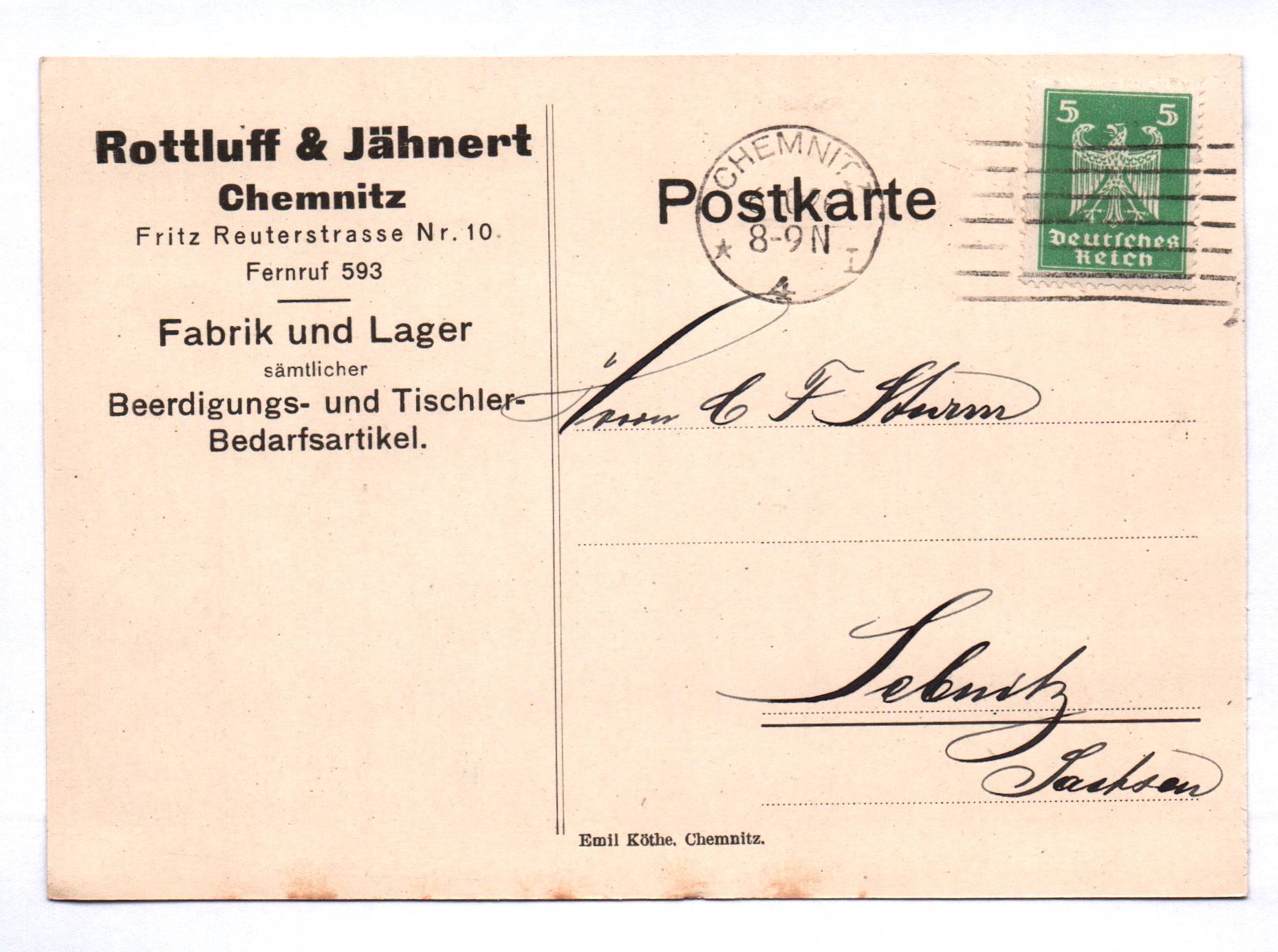 Postkarte Rottluff und Jähnert Chemnitz Fabrik und Lager 1926 Postkarte Rottluff und Jähnert Chemnitz Fabrik und Lager 1926