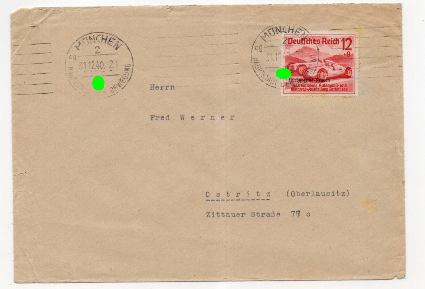 Brief München 1940 nach Ostritz Michel Nr 696 Nürburgring Rennen Aufdruck