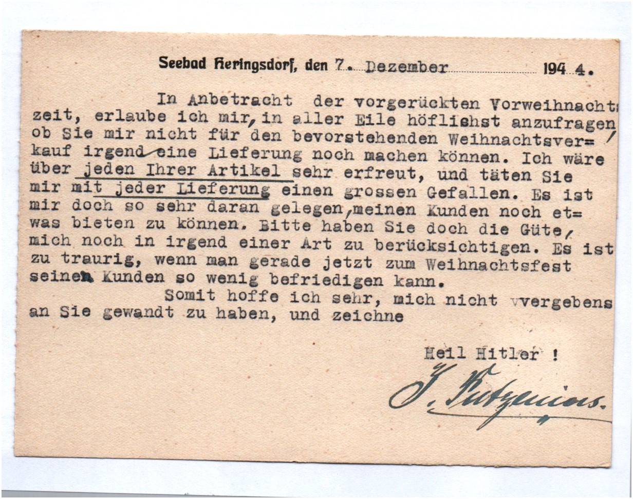 Firmen Karte Putzenius Seebad Heringsdorf 1944 Firmen Karte Putzenius Seebad Heringsdorf 1944