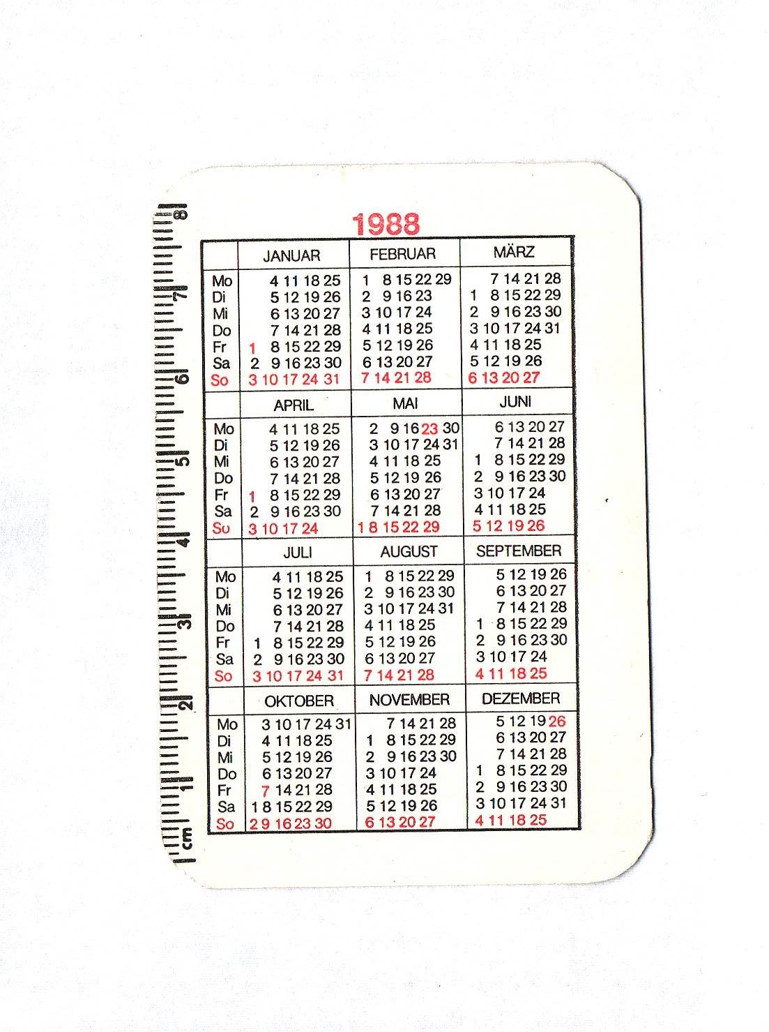 Kalender Visitenkarte 1988 Kyritz Auto Elektrik Günter Schumann