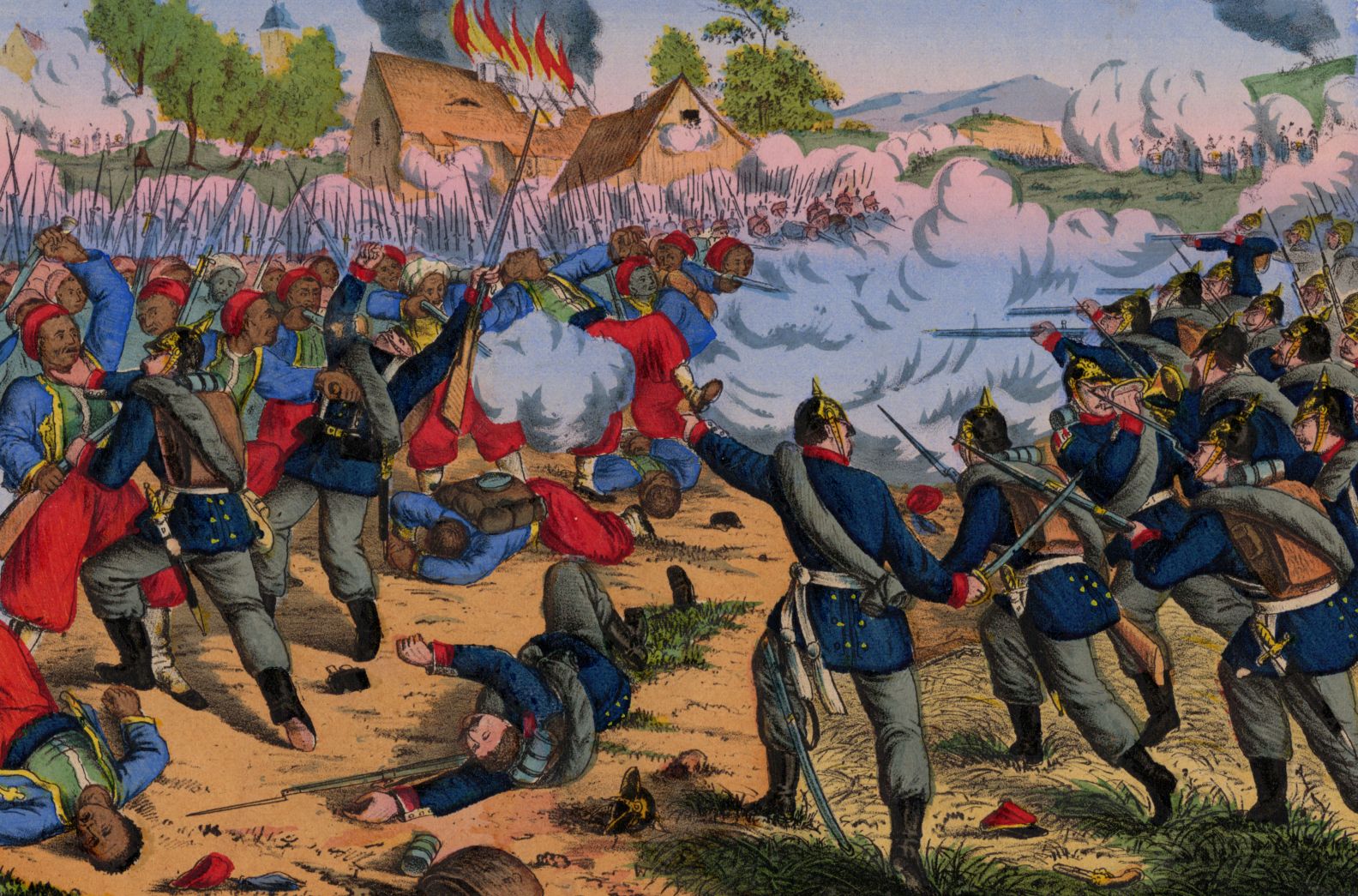 Lithografie Angriff der Preußen bei Gravelotte um 1870 koloriert Lithografie Angriff der Preußen bei Gravelotte um 1870 koloriert