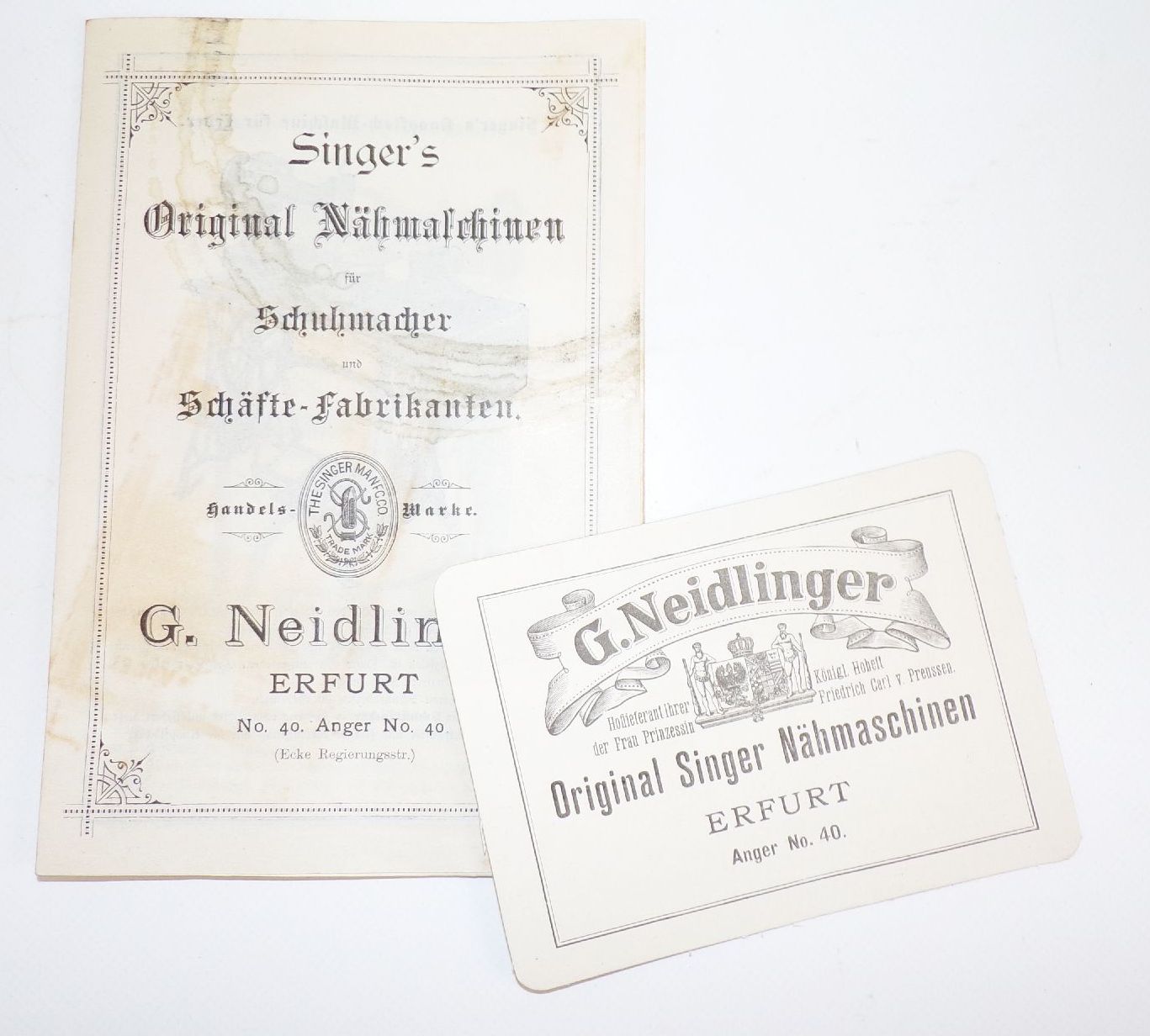 Singer Nähmaschinen Prospekt Neidlinger Erfurt um 1900 Visitenkarte Reklame 