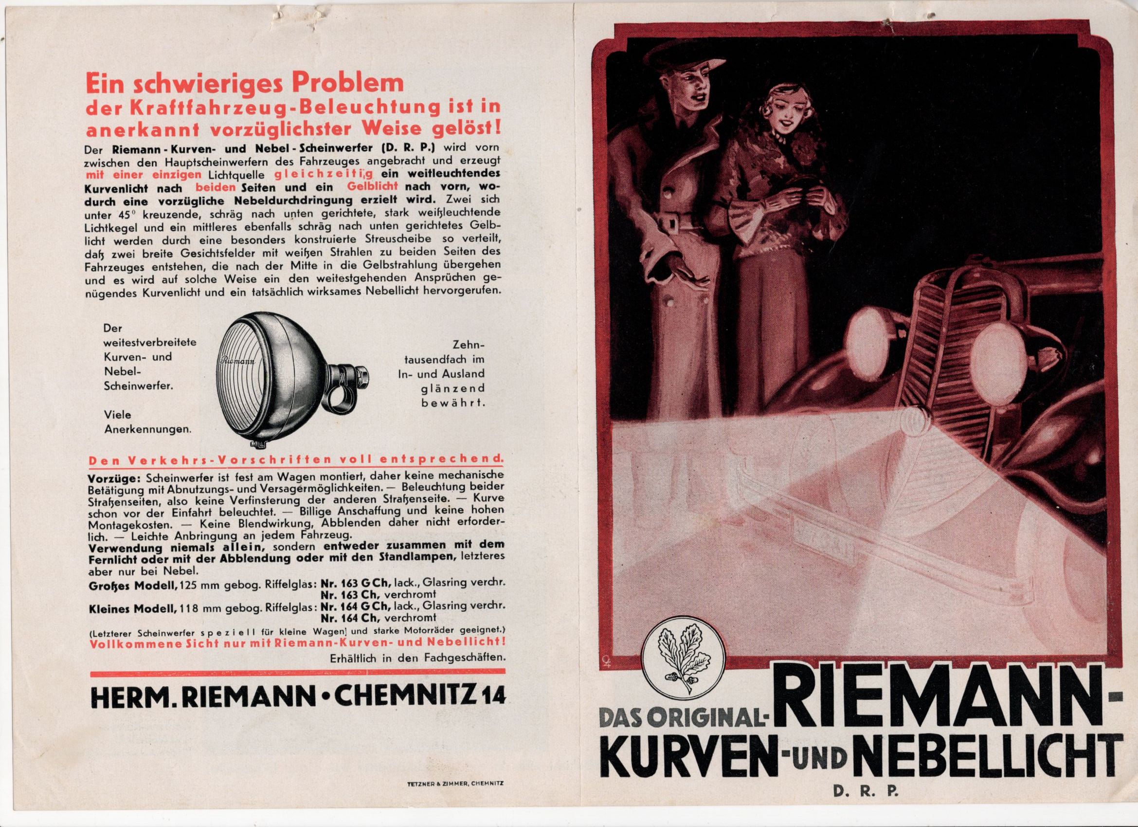  Blatt RIEMANN Kurven und Nebellicht Auto Kfz Werbung 1930 er