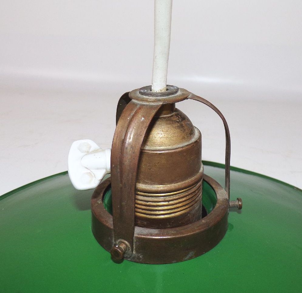 Alte Werkstattlampe Emaille Grün Weiss Rund Pendelleuchte Vintage 