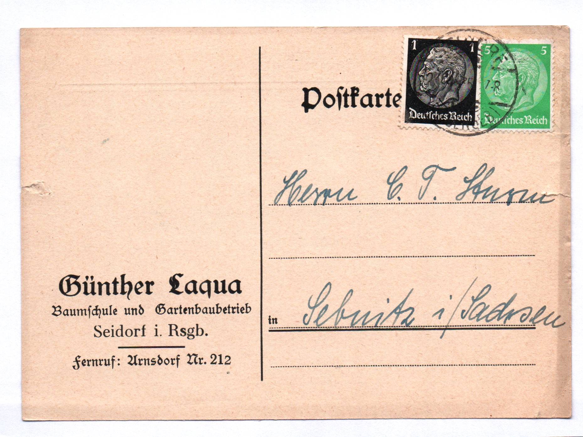 Postkarte Günther Laqua Baumschule und Gartenbaubetrieb Seidorf im Riesengebirge 1935 Postkarte Günther Laqua Baumschule und Gartenbaubetrieb Seidorf im Riesengebirge 1935