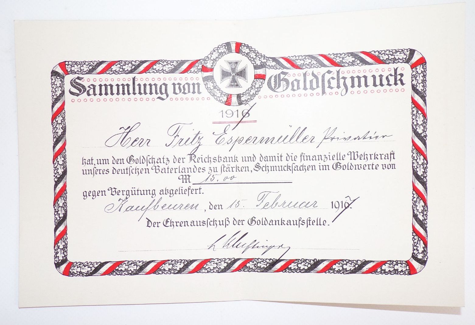 Kaufbeuren Dokumente Lot Ankauf Silbersachen Gold Urkunde Kriegswahrzeichen 1 Wk