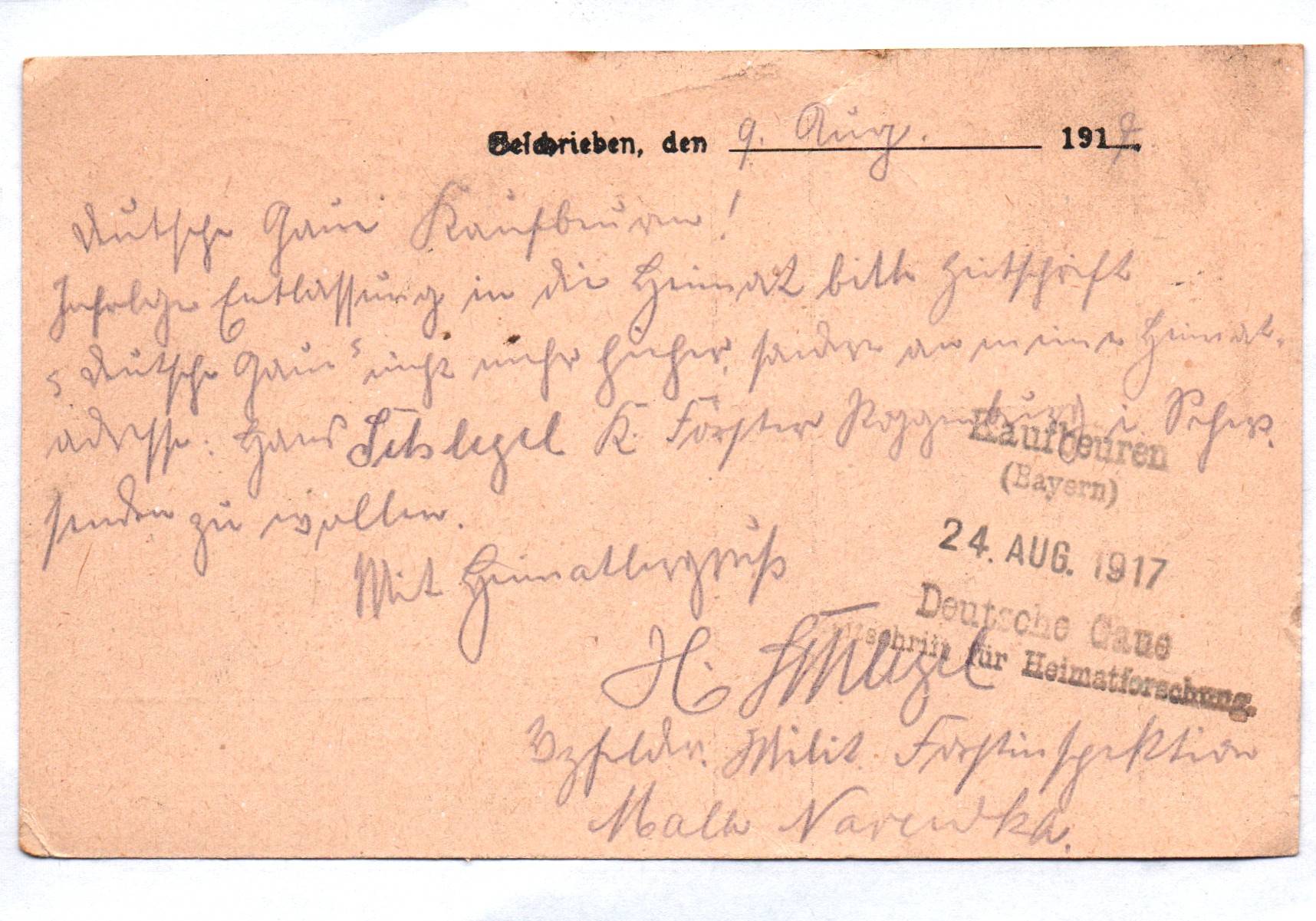 Feldpost Karte 1917 Wirtschaftskompanie Stempel Feldpost Karte 1917 Wirtschaftskompanie Stempel