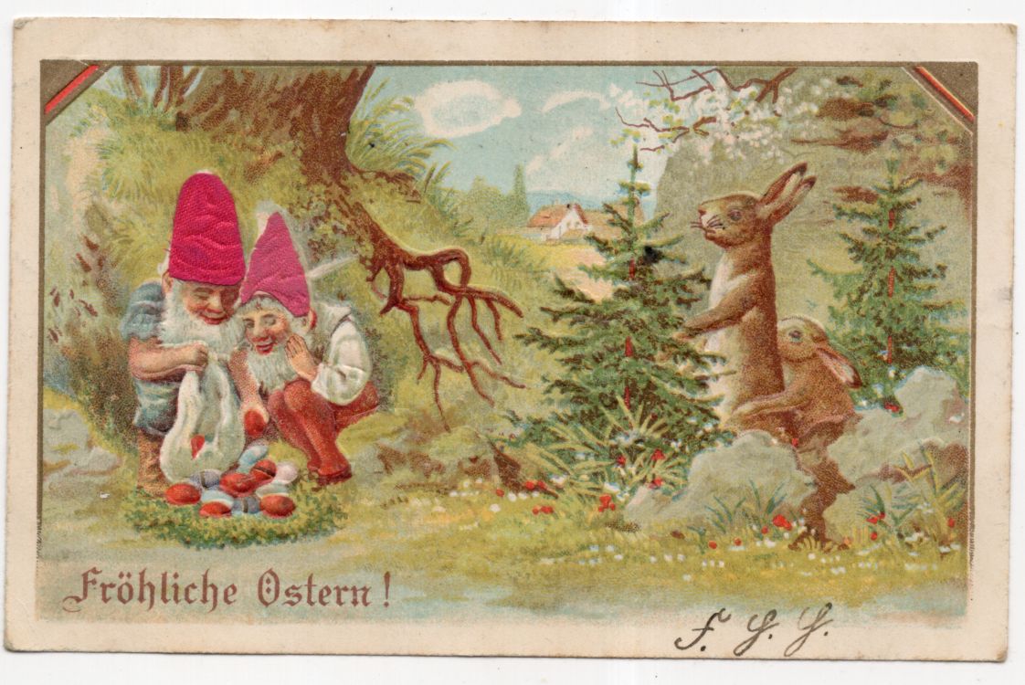 Litho Ak Zwerge mit Mützen aus Seide finden Eier Fröhliche Ostern geprägt