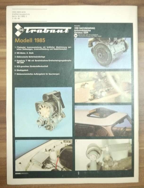 Trabant Modell 1985 Heft März 85 zum weiterentwickelten Trabant Motor KFT WAS 21061