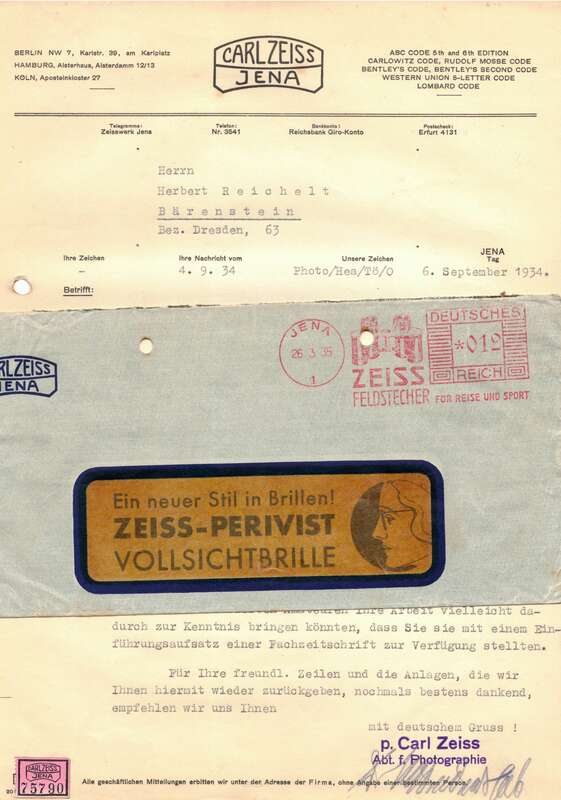 Briefkopf Carl Zeiss Jena Dokument mit Umschlag Kuvert 1934  
