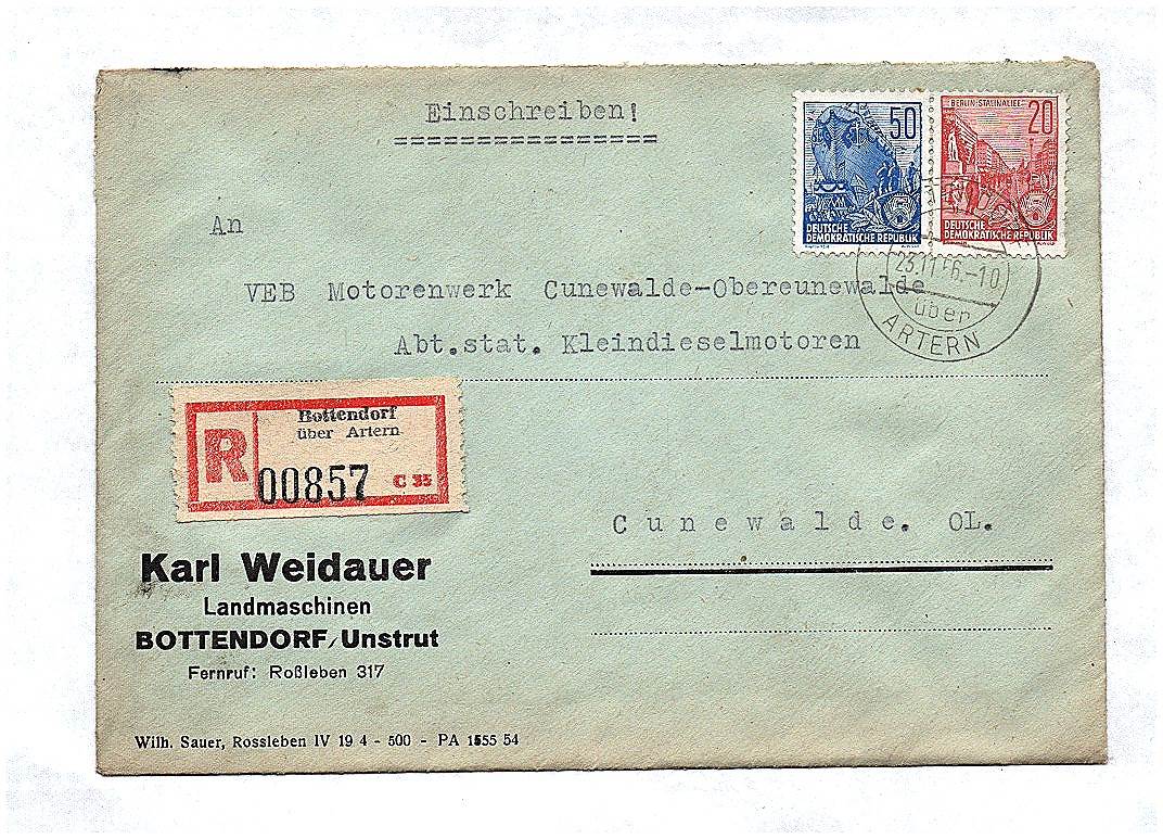 R Brief Bottendorf Landmaschinen Karl Weidauer an VEB Motorenwerk Cunewalde 1956