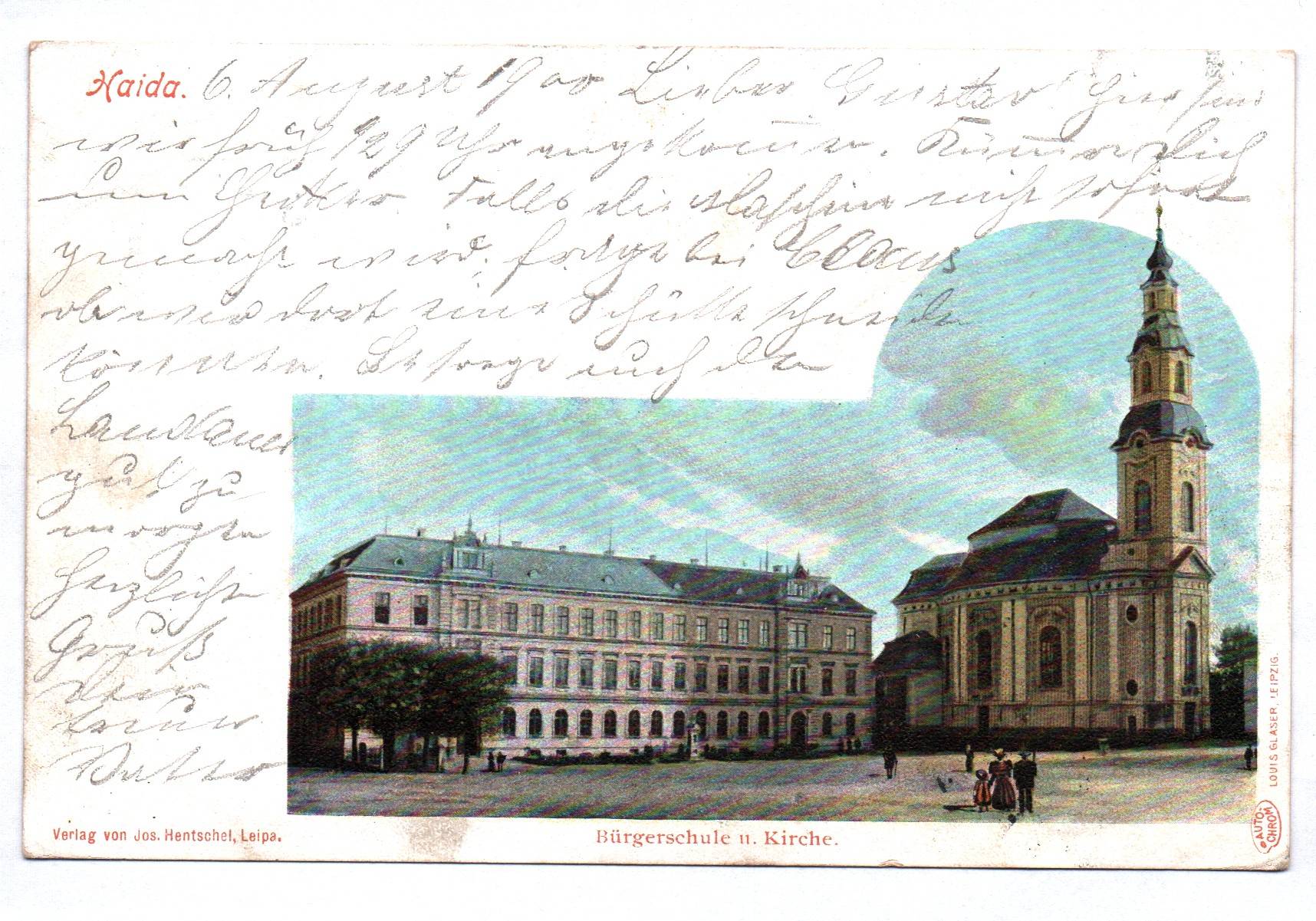 Litho Ak Haida Bürgerschule und Kirche 1900 Litho Ak Haida Bürgerschule und Kirche 1900