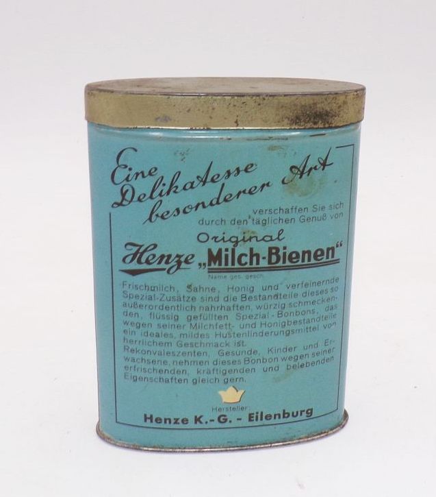 Alte Henze Milchbienen gefüllt Blechdose Eilenburg 1950er Alte Henze Milchbienen gefüllt Blechdose Eilenburg 1950er