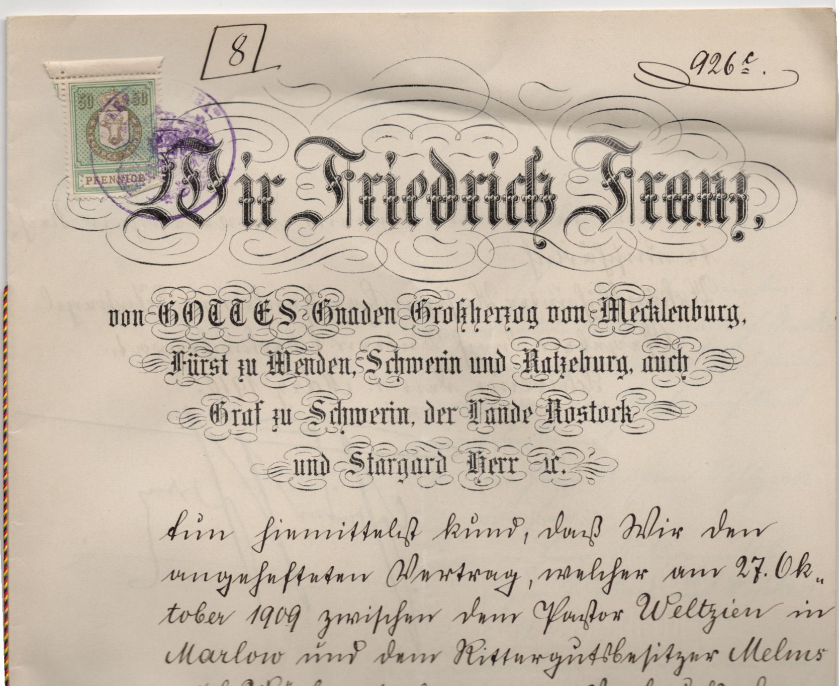 Autograph Friedrich Franz Großherzog von Mecklenburg 1910