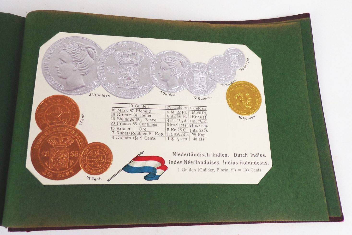 Geldsorten aller Länder Postkartenalbum Geld Münz Ansichtskarten um 1910 Rarität 45 Präge Ansichtskarten